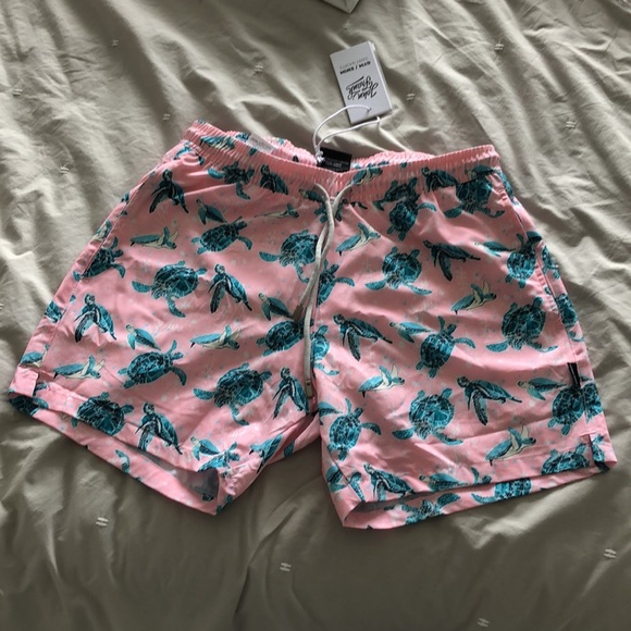 John Frank gym/swim shorts in pink with turquoise turtles print, side pockets, S - Picture 3 of 15